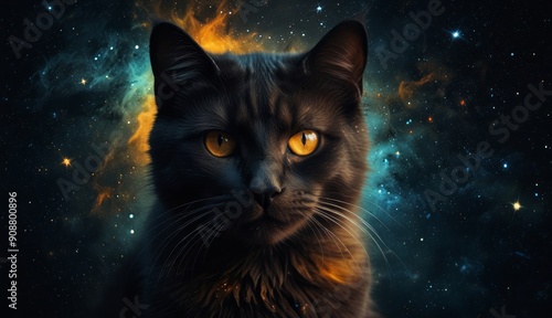 Cosmic Cat in Starry Background