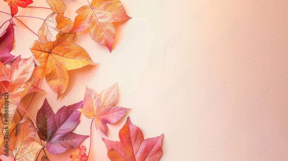 Autumn leaves arranged on a pale pink background. Autumn leaves arranged on a pale pink background.