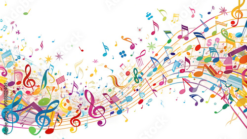 Colorful Music Notes and Symbols, Festive Melody on White Background