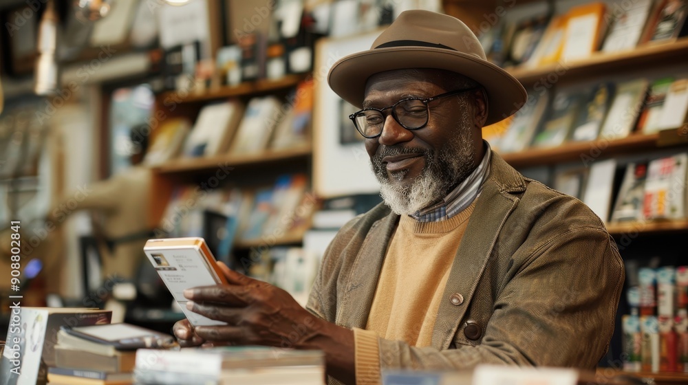 An elderly man browses through books in a charming and inviting local bookstore An elderly man browses through books in a charming and inviting local bookstore