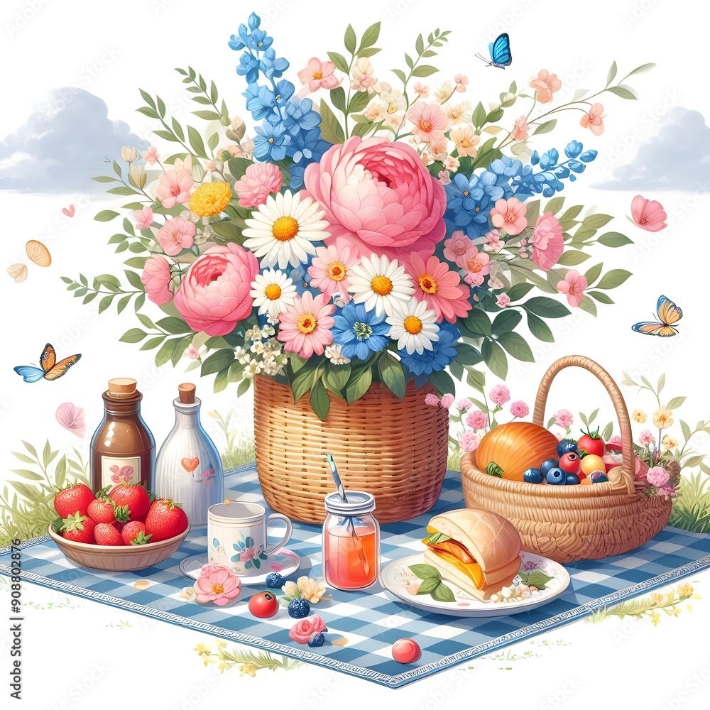 Summer Picnic with Flowers and Fruit Summer Picnic with Flowers and Fruit