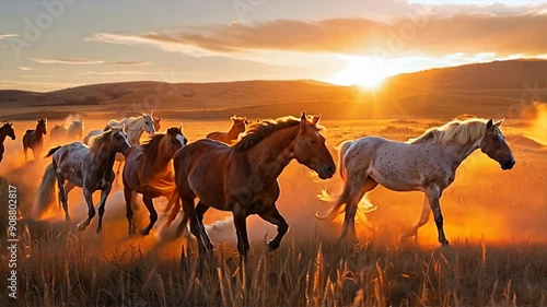 A herd of horses running across a field in the sun. The horses are of different colors, including brown and white. The scene is peaceful and serene, with the sun shining brightly in the background