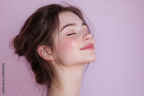 A close up of a girl's face with her eyes closed