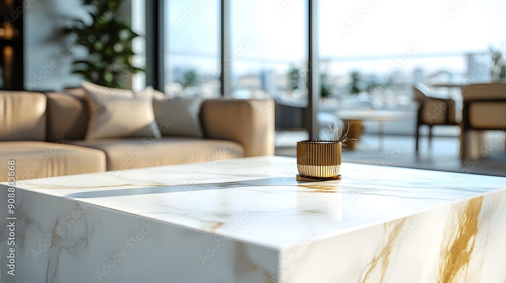 Marble coffee table in the living room, with a marble texture, a close-up of the white and gold stone surface, interior design, large floor-to-ceiling windows with a city view Marble coffee table in the living room, with a marble texture, a close-up of the white and gold stone surface, interior design, large floor-to-ceiling windows with a city view