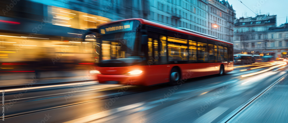 A red bus is driving down a street with a yellow sign on the front A red bus is driving down a street with a yellow sign on the front