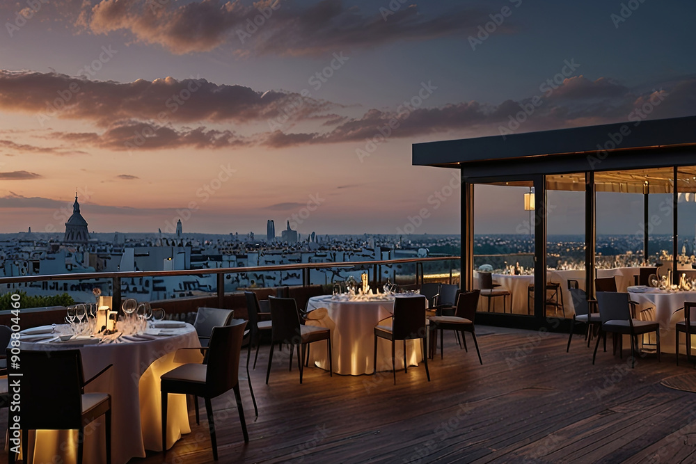 Obraz premium Elegant luxury rooftop restaurant in offering a panoramic city view