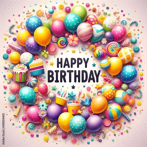 Happy Birthday Festive Background with Balloons, Confetti and Sweets