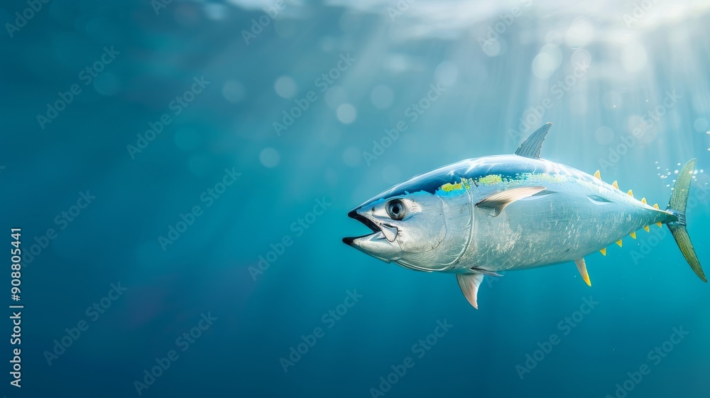 Naklejka premium Beautiful underwater scene featuring a vibrant tuna swimming gracefully through clear blue water with rays of sunlight filtering down.