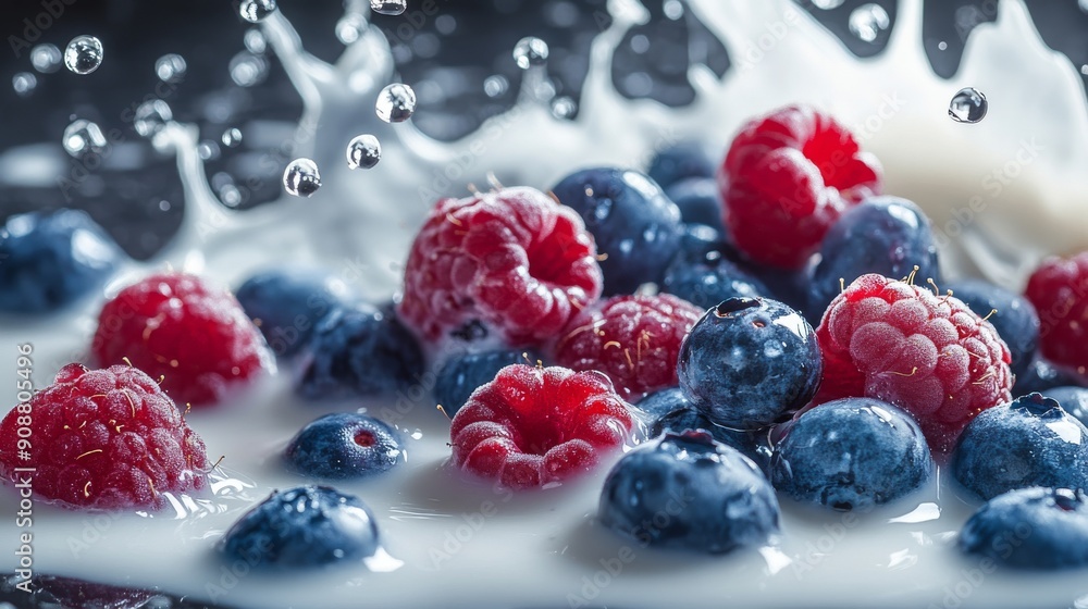 Raspberries and Blueberries Splashing in Milk Raspberries and Blueberries Splashing in Milk