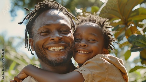 Portrait, happy father and boy smile in garden fun, vacation and break in summer happiness together. Black man and child smile, love and hug outdoor bonding free time on a sunny day in the park #908805451