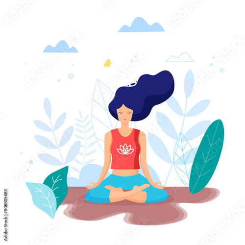 Woman sitting in lotus position practicing meditation. Yoga girl vector trendy illustration.