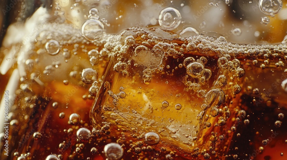 Ice cubes in cola, bubbles fizzing and floating to the top, macro shot Ice cubes in cola, bubbles fizzing and floating to the top, macro shot