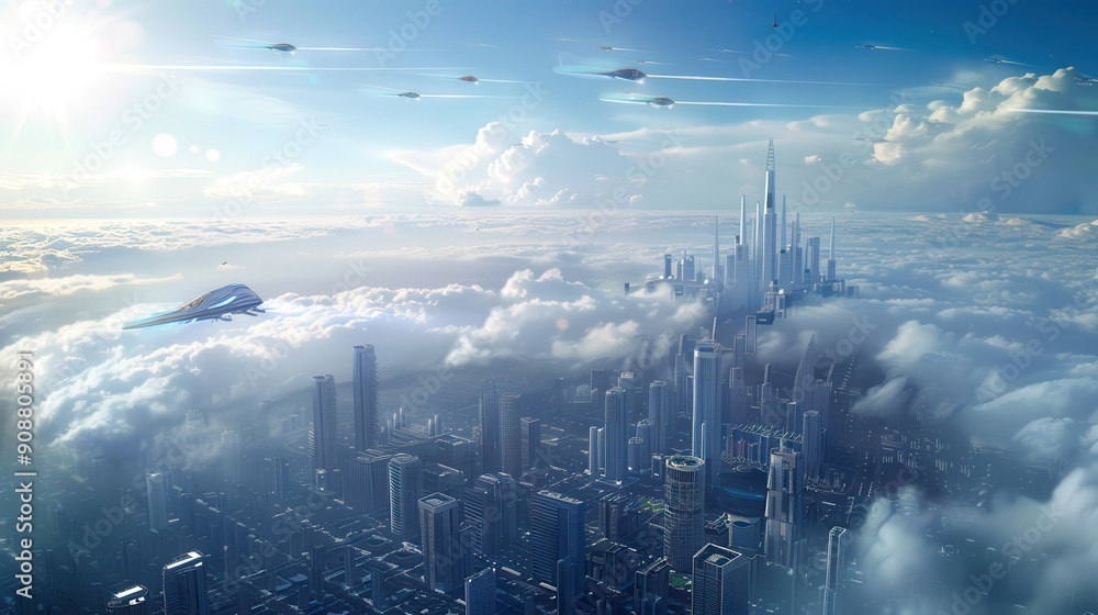 Obraz premium City of the future Technology, Cities of the future with spaceships flying between cities, Futuristic, Cyberpunk, buildings, height view, Blue sky in the background with white clouds around the center