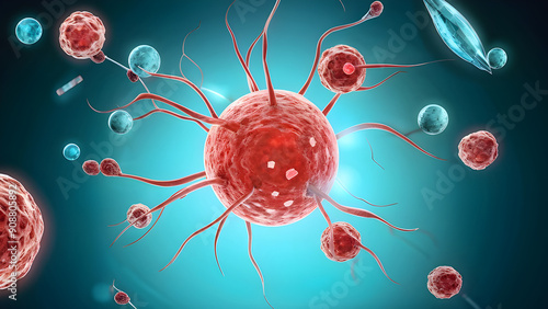 An intricate Oncology drawing of a cancer cell that emphasizes its aberrant features compared to a healthy cell