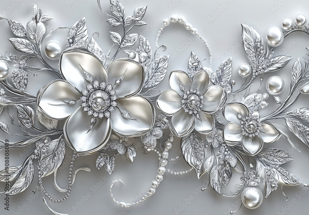Exquisite 3D floral background with silver and white blooming flowers Exquisite 3D floral background with silver and white blooming flowers