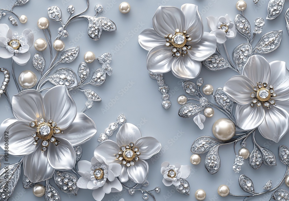 Elegant 3D floral background with silver and white flowers Elegant 3D floral background with silver and white flowers