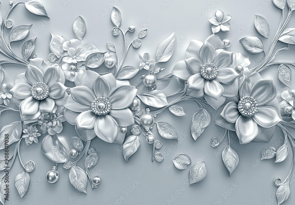 Elegant 3D floral background with silver flowers and pearls Elegant 3D floral background with silver flowers and pearls