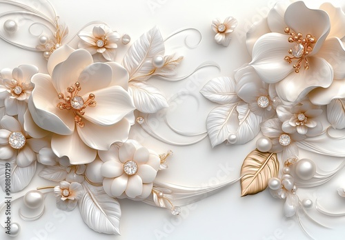 Elegant 3D floral wallpaper with white flowers and golden accents