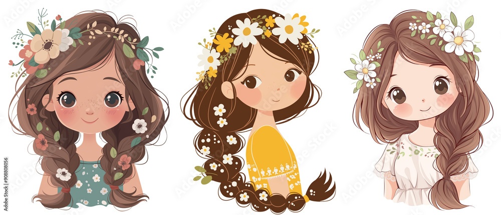 Φωτογραφία cute boho woman wearing headdress flower crown , girls cartoon character design