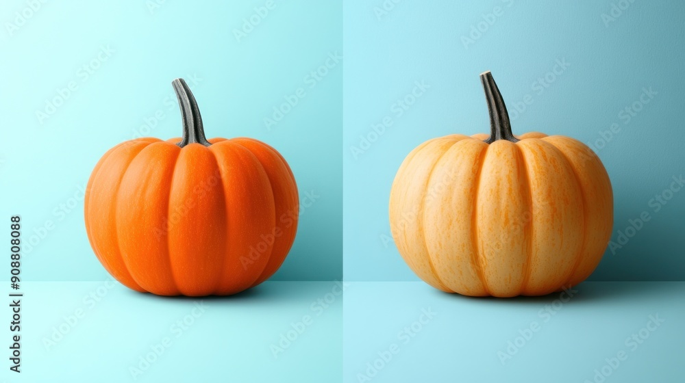 Two pumpkins on a blue background. Two pumpkins on a blue background.