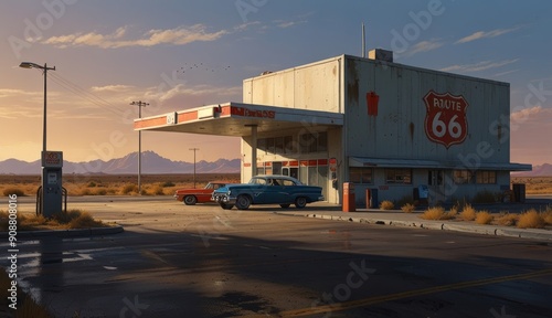 Retro Route 66 Gas Station Scene