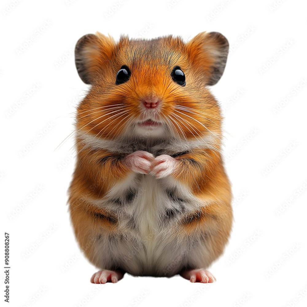 Cute and fluffy hamster standing upright, showcasing its adorable features and playful personality. isolate on white background Cute and fluffy hamster standing upright, showcasing its adorable features and playful personality. isolate on white background