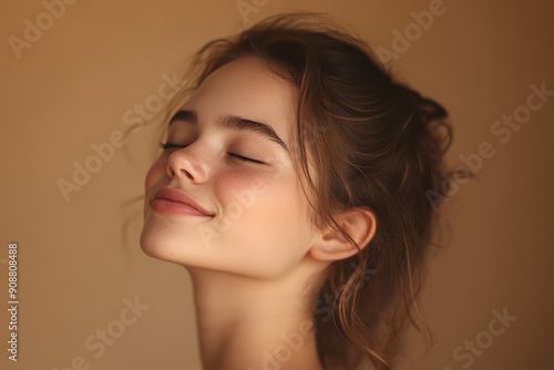 A close up of a girl's face with her eyes closed