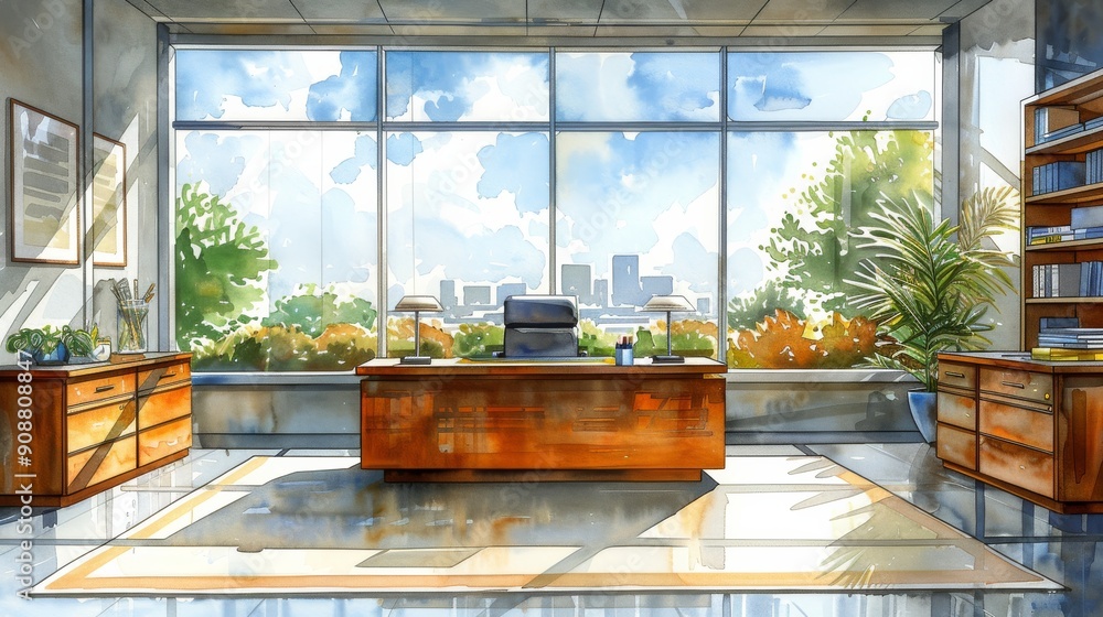 Bright and spacious office interior with modern furniture and a city view through large windows, creating a productive atmosphere. Bright and spacious office interior with modern furniture and a city view through large windows, creating a productive atmosphere.