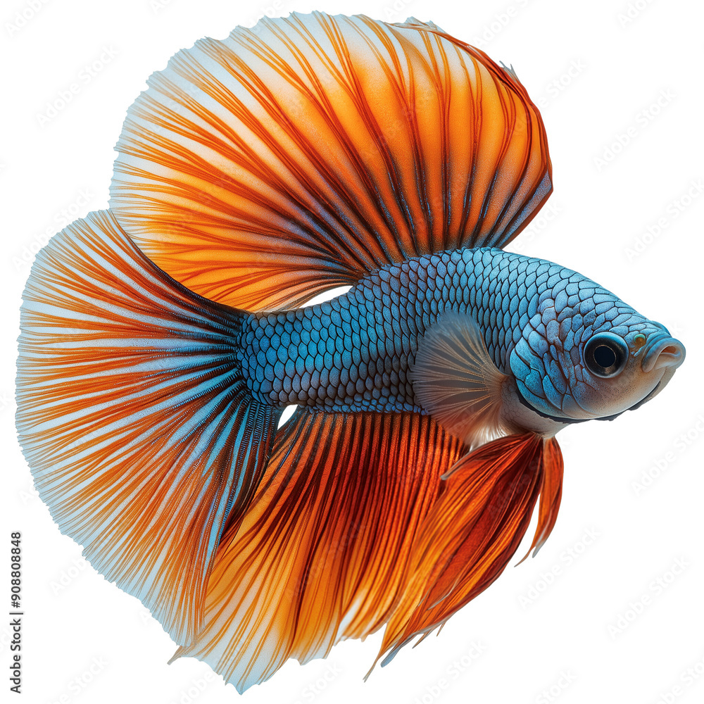 Fototapeta premium A vibrant betta fish displaying striking orange and blue colors, gracefully swimming in the water, showcasing its elegant fins. isolate on white background