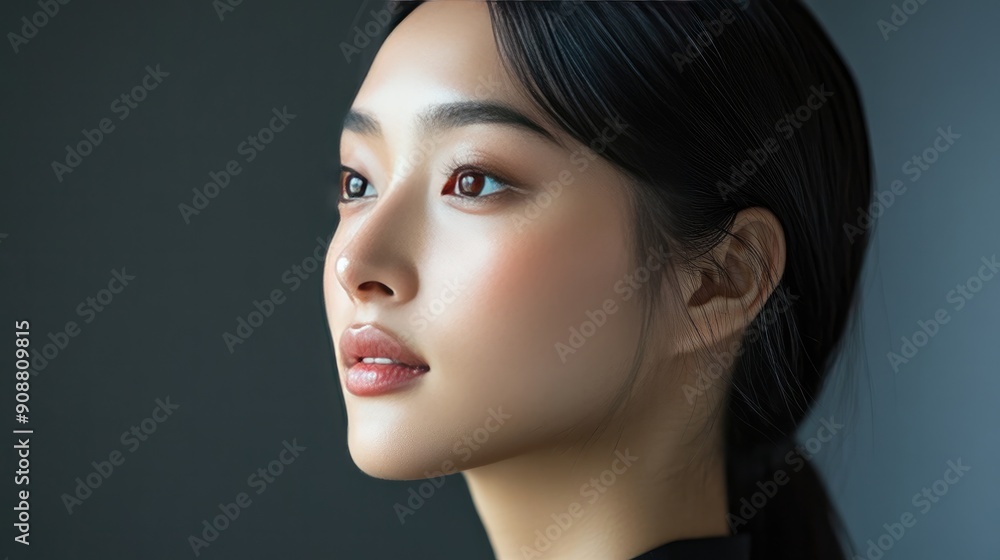 Fototapeta premium Profile shot of a young Asian woman with sleek hair, calm expression