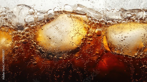 Refreshing cola with ice cubes, bubbles visible, close-up of carbonation