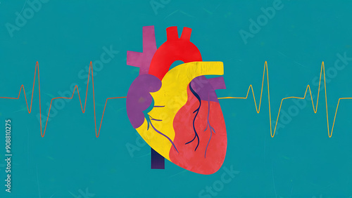 Abstract Human Heart Shape with light yellow Digital Pulse on Blue Background for Cardiology Concept and Medical Illustration with Health and Wellness Themes. photo