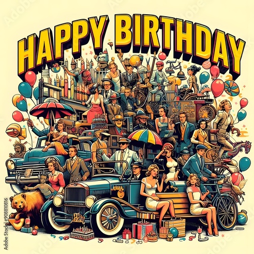 Happy Birthday Celebration with Colorful Characters and Vintage Vehicles