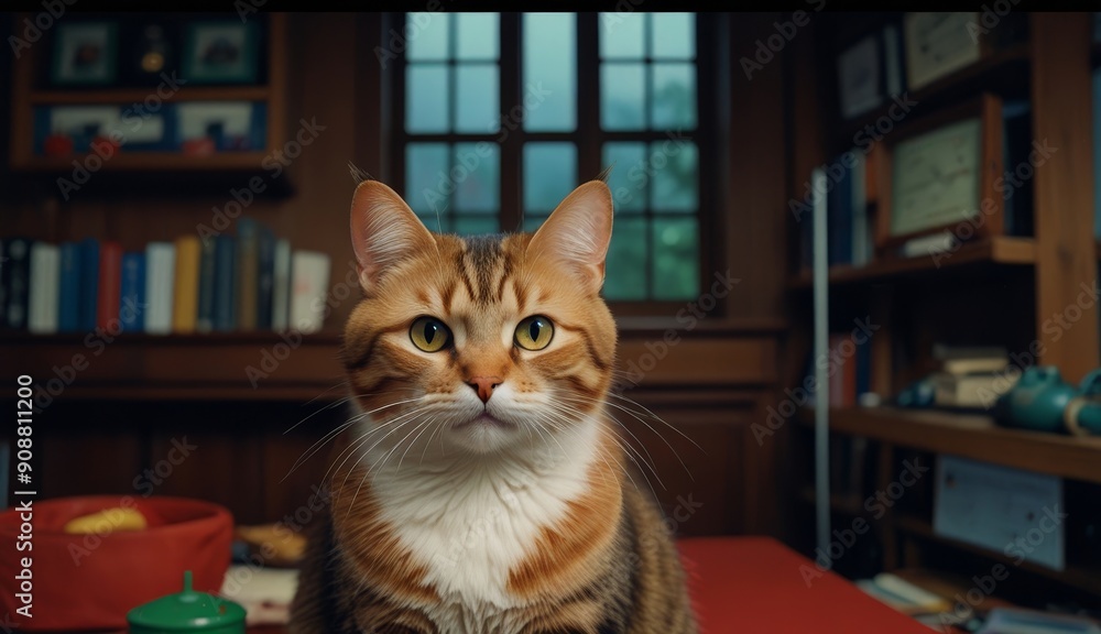 Curious Cat in Cozy Library Setting Curious Cat in Cozy Library Setting