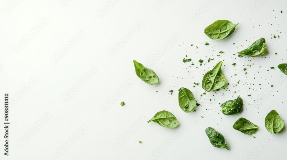Fresh spinach leaves scattered on a white background. Fresh spinach leaves scattered on a white background.