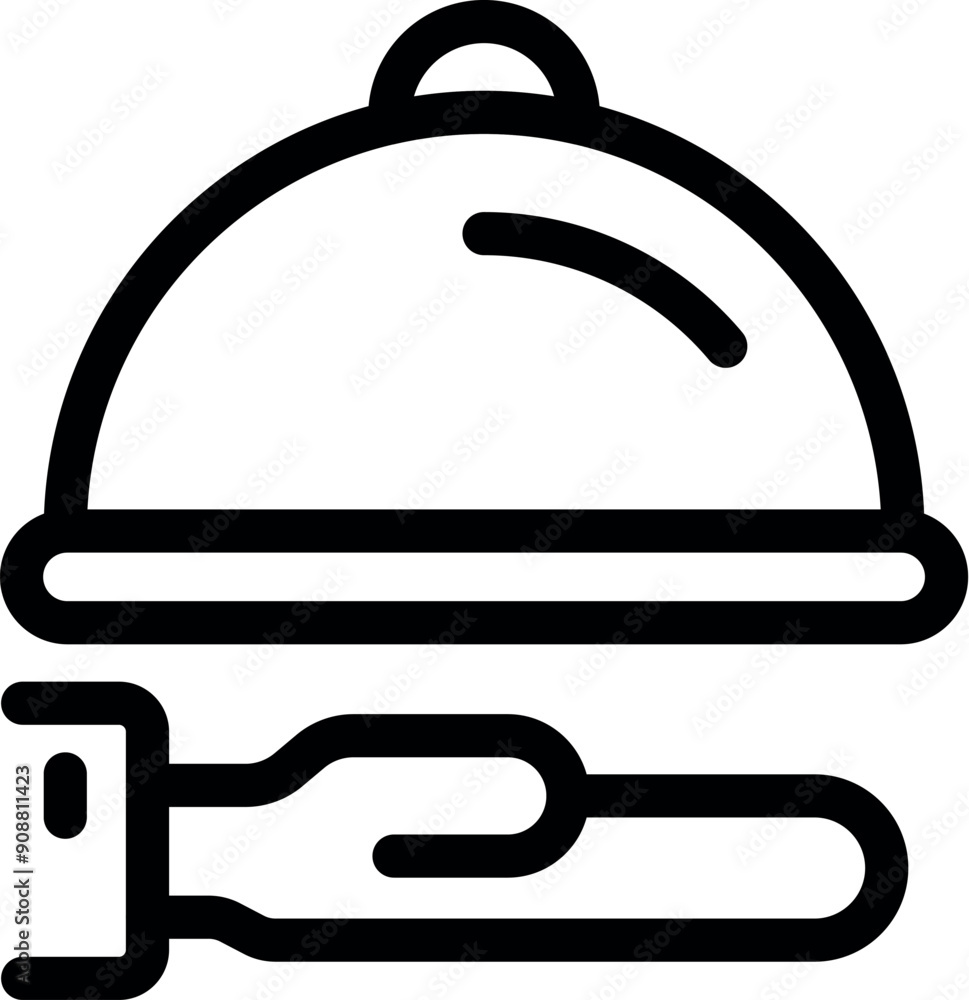 Line icon of a cloche covering a tray with cutlery, representing restaurant service Line icon of a cloche covering a tray with cutlery, representing restaurant service