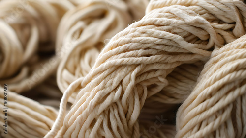 Close-Up Shot of Beige Yarn Twisted and Woven Together Showcasing Texture and Softness of Textile.
