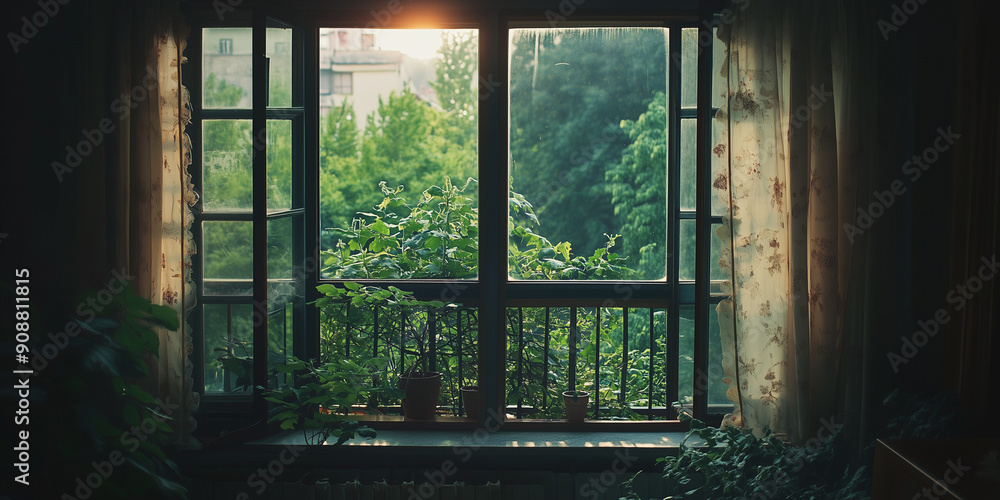 a balcony window from the inside with a view on the trees a balcony window from the inside with a view on the trees