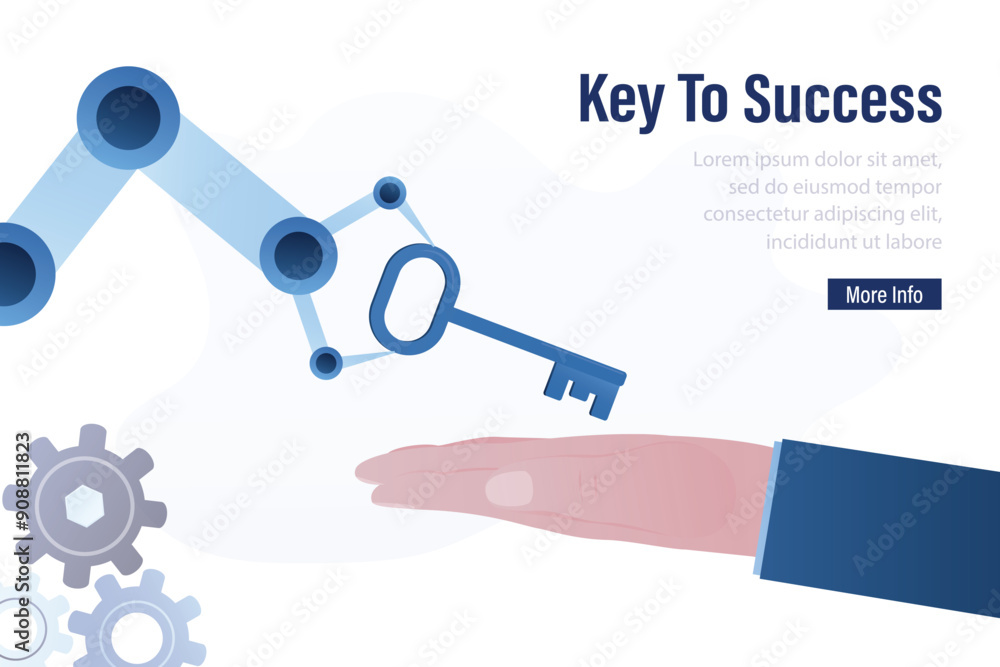 Close up bot hand hold key. Robot arm give key to success. Chat bot helps to achieve victory, open way to goals and improve skills. Close up bot hand hold key. Robot arm give key to success. Chat bot helps to achieve victory, open way to goals and improve skills.