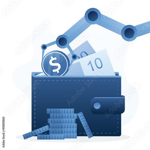 Assistant bot arm drops dollar coin into the wallet. AI robot helps invest successfully and make a profit. Budget planning using artificial intelligence. Savings with chatbot.