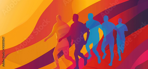 Vibrant abstract silhouettes of people in various stages of running against a colorful gradient background. Ideal for concepts of movement, progress, and fitness journeys.