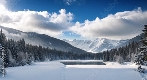 Wallpaper Mural Winter scene with pine trees, mountains and river Seamless looping time lapse video animation background 4k animation Torontodigital.ca