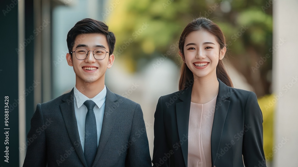 Young happy Asian business colleagues walking together, smiling confidently in formal suits Young happy Asian business colleagues walking together, smiling confidently in formal suits