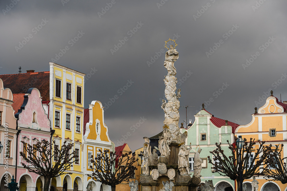 Telc, Czech Republic - April 23 2023 : Historical village in cloudy weather, HDR Image