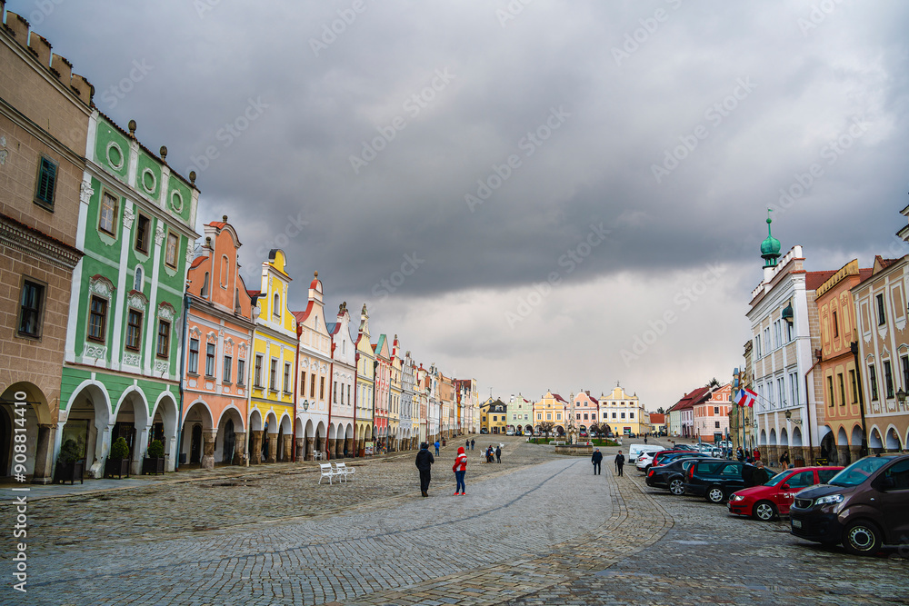 Telc, Czech Republic - April 23 2023 : Historical village in cloudy weather, HDR Image