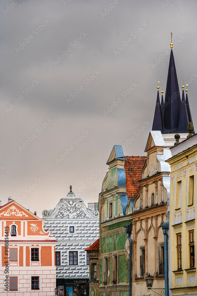 Telc, Czech Republic - April 23 2023 : Historical village in cloudy weather, HDR Image