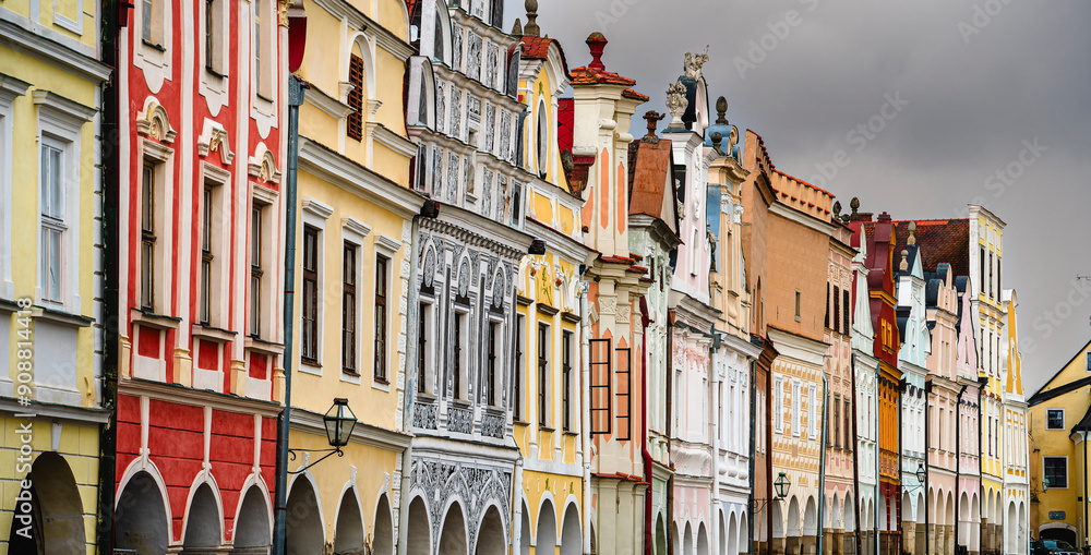 Telc, Czech Republic - April 23 2023 : Historical village in cloudy weather, HDR Image