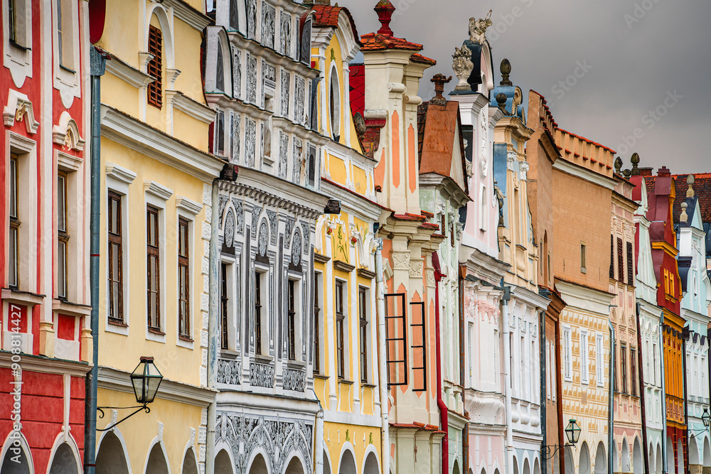 Telc, Czech Republic - April 23 2023 : Historical village in cloudy weather, HDR Image