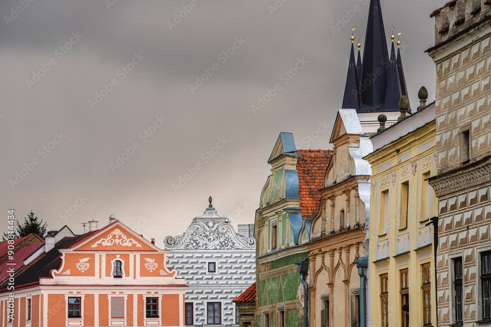 Telc, Czech Republic - April 23 2023 : Historical village in cloudy weather, HDR Image