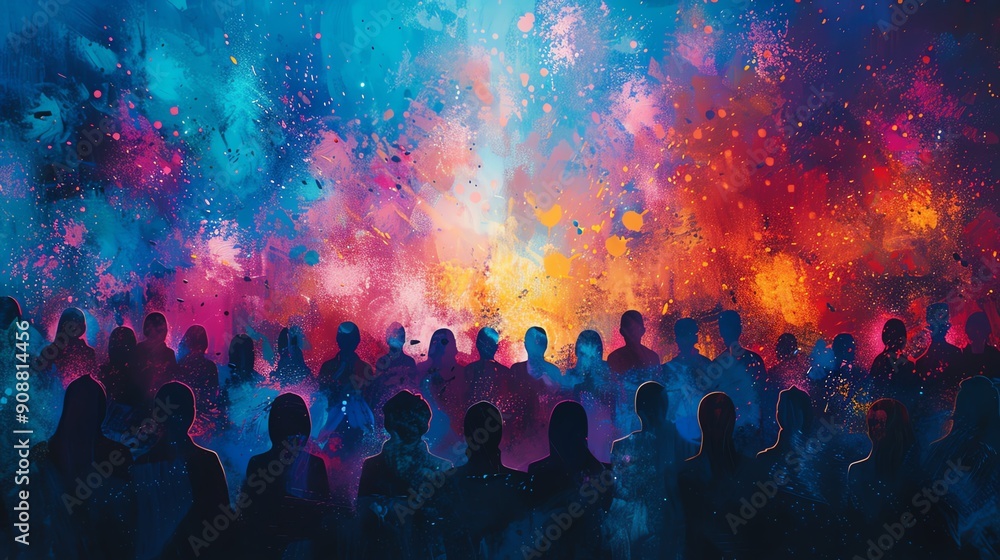 Silhouettes of people stand before a vibrant, abstract galaxy. Silhouettes of people stand before a vibrant, abstract galaxy.